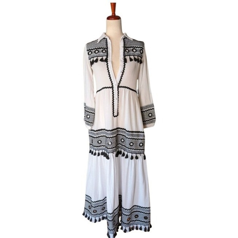 DODO Bar Or White Black Embroidered Tassel Mirror Maxi Dress Womens S Cotton - Picture 2 of 9